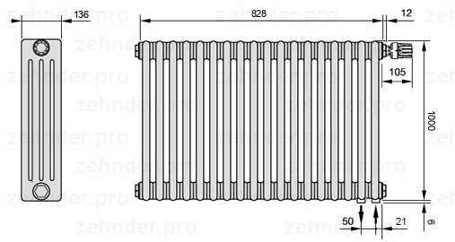 Схема (чертеж) Радиатор Zehnder Charleston 4100/18 №V002 Белый глянцевый RAL 9016